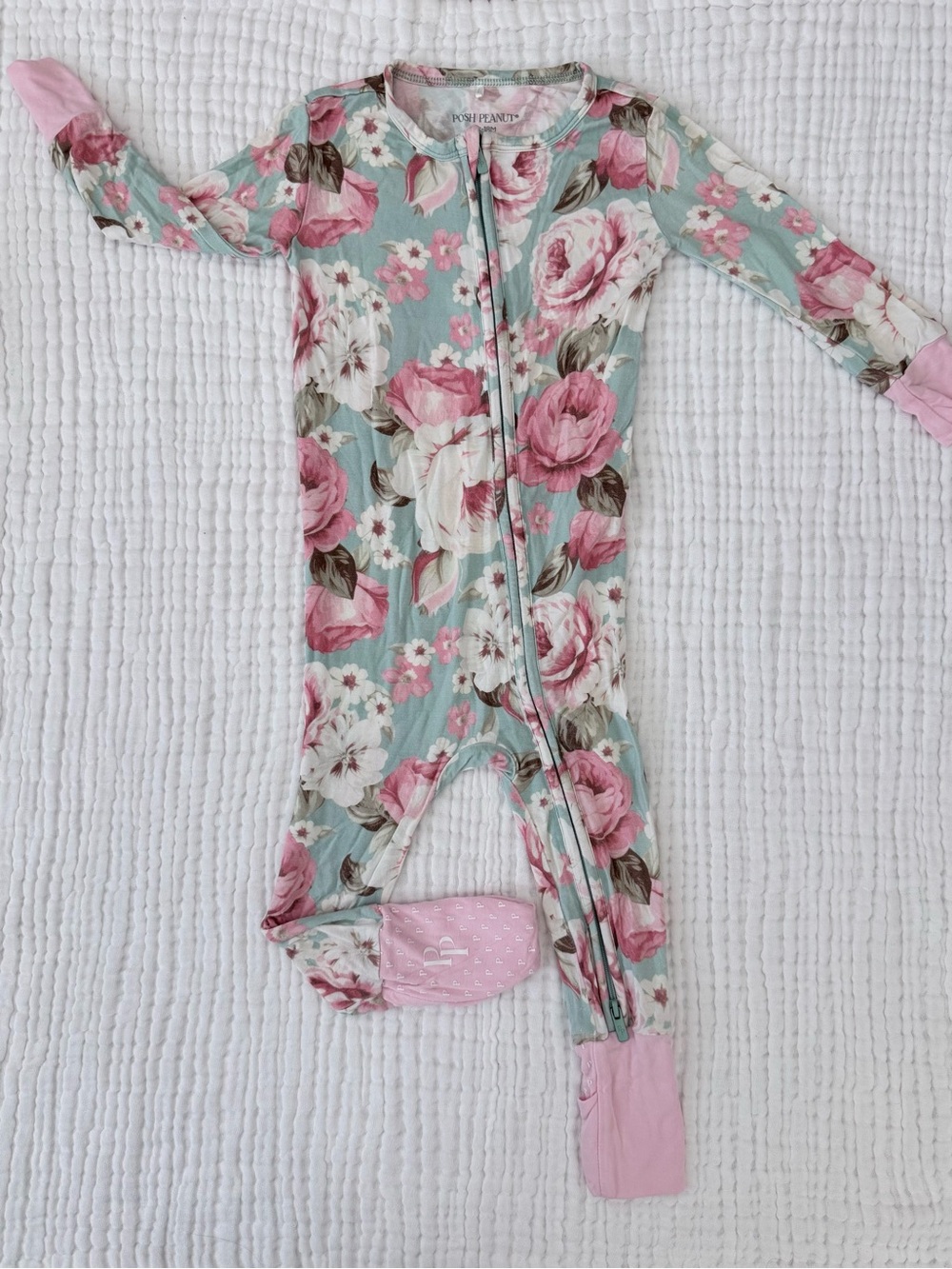 Posh Peanut Pink Floral Zip Footed One-Piece in Mint Background